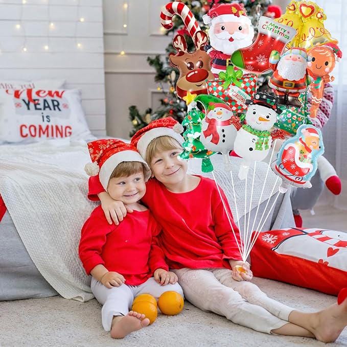 15PCS Mini Christmas Foil Balloons Set with Santa Reindeer Tree Snowman for Holiday Party