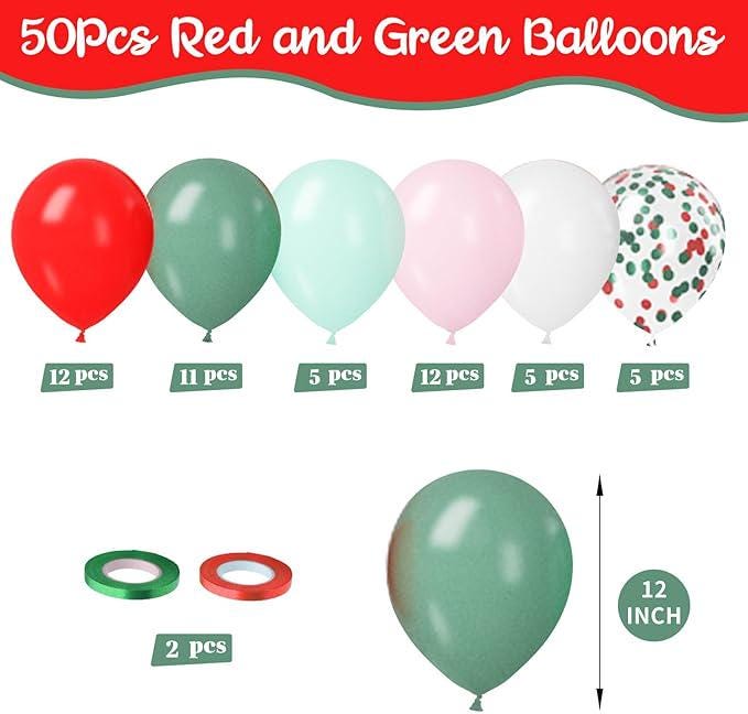 50PCS Red Green White Pink Confetti Balloons Set for Christmas Birthday and Party Decorations
