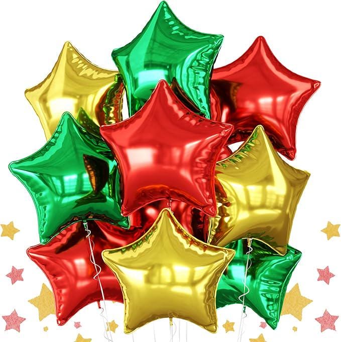 10PCS Red Green Gold Star Foil Balloons Set for Christmas Birthday and Party Decorations