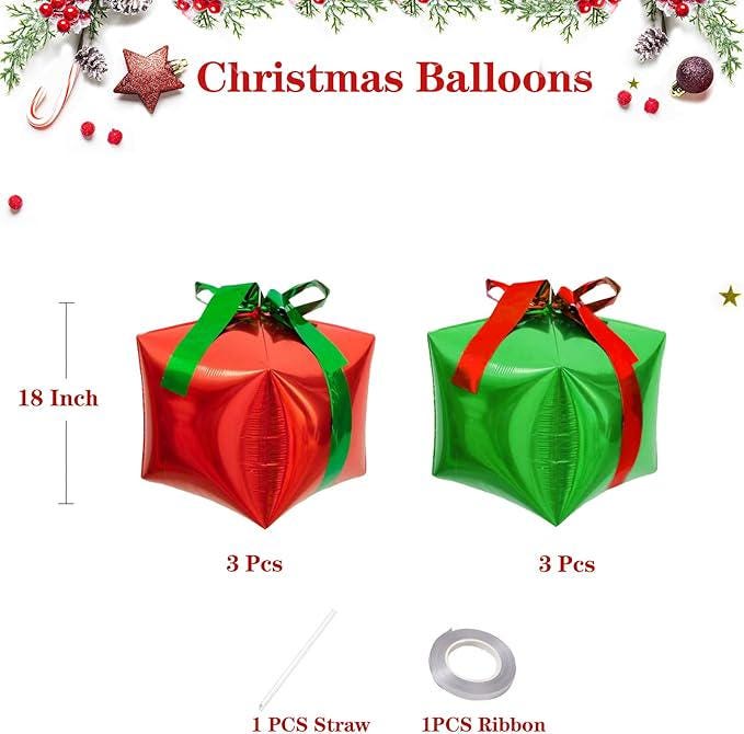 6PCS Red and Green Gift Box Foil Balloons Set for Christmas Party Decorations