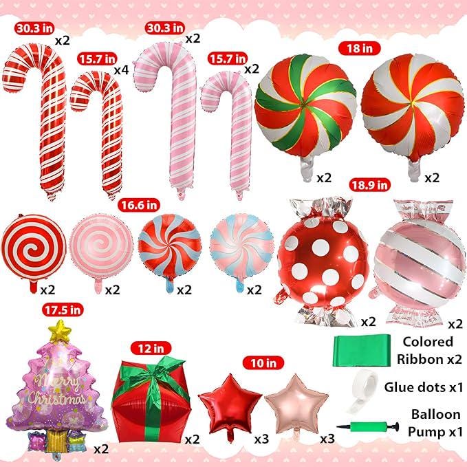Christmas Foil Balloon Set: Candy Cane, Gift Box, Swirl Party Decor