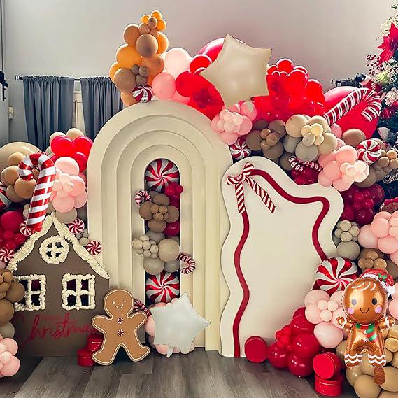 Gingerbread Christmas Balloon Arch Kit Red Brown White Balloons with Star and Candy Cane