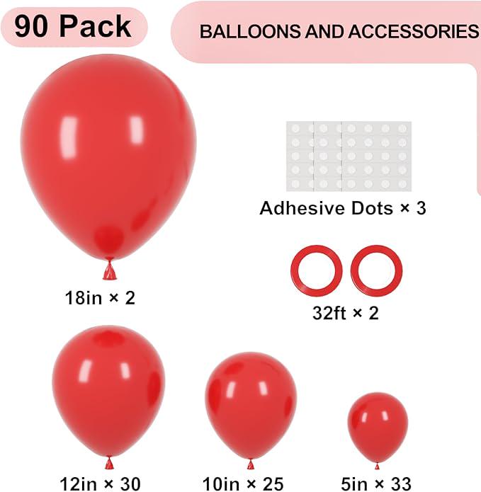 90pcs Red Balloon Garland Arch Kit for Wedding Birthday and Party Decorations