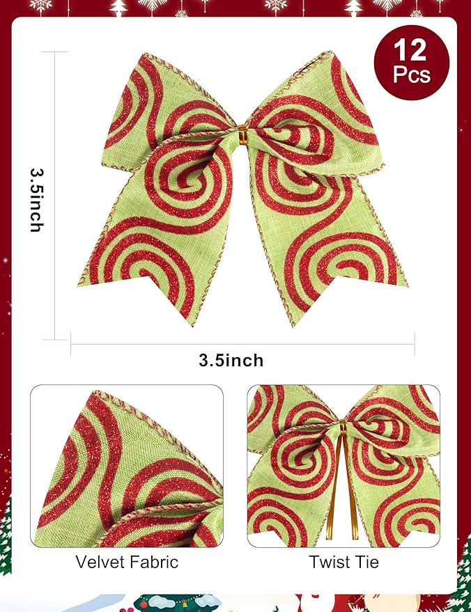12pcs Red Green Stripe Christmas Tree Bows for Wreaths and Party Decorations