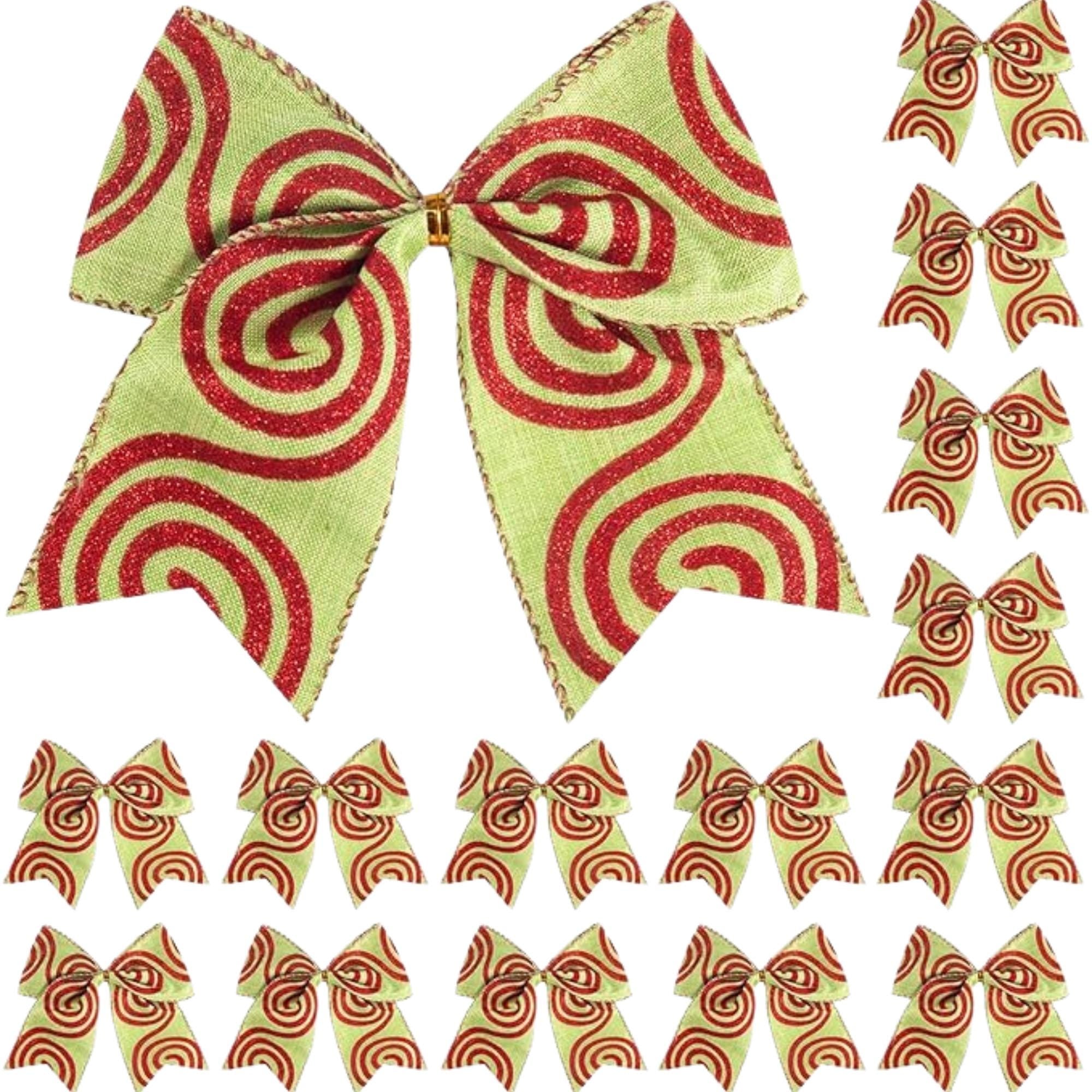 12pcs Red Green Stripe Christmas Tree Bows for Wreaths and Party Decorations