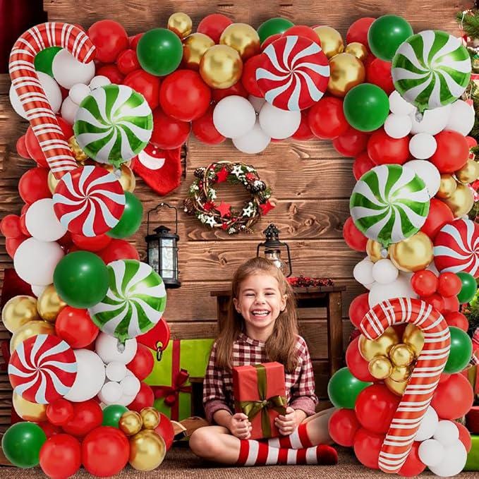 Christmas Balloon Arch Kit: Red, Green, Gold Garland with Candy Cane Balloons