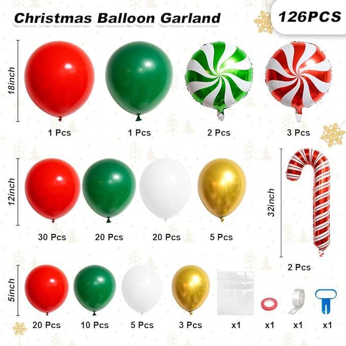 Christmas Balloon Arch Kit: Red, Green, Gold Garland with Candy Cane Balloons
