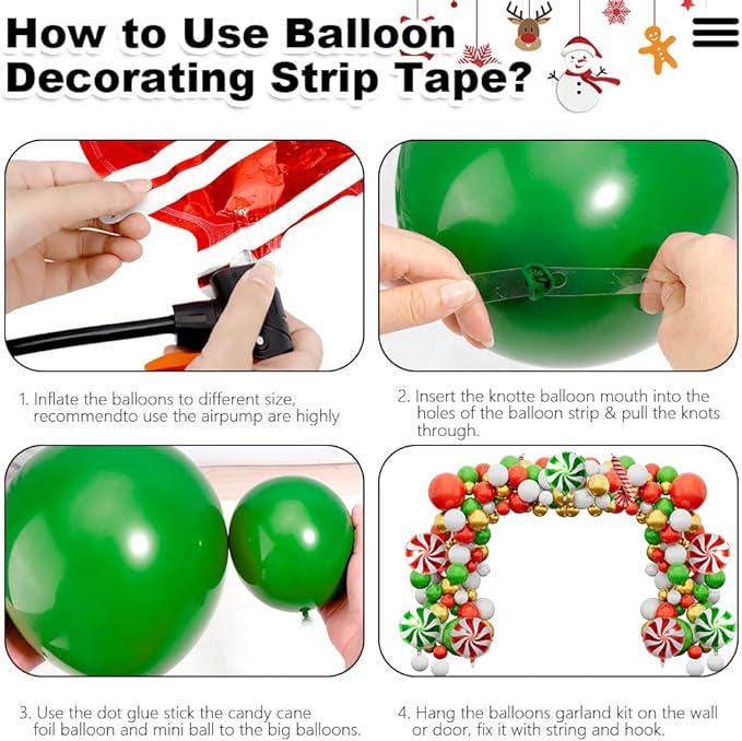 Christmas Balloon Arch Kit: Red, Green, Gold Garland with Candy Cane Balloons