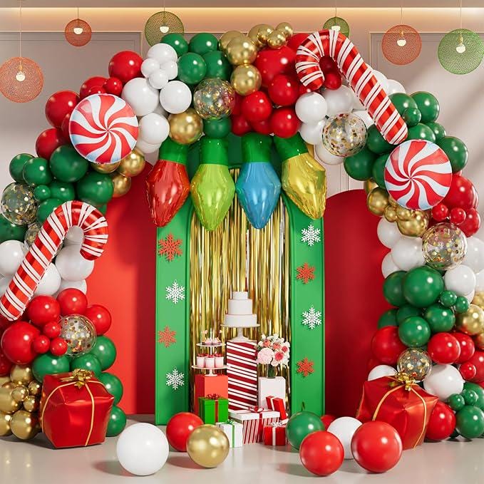 Christmas Balloon Arch Kit: Candy Cane, Light Bulb Garland