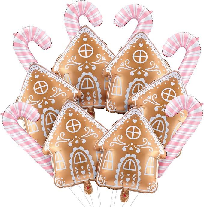 12pcs Gingerbread House Foil Balloons with Candy Cane for Christmas Decorations