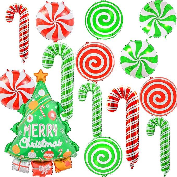 14pcs Xmas Tree and Candy Cane Balloons Set for Christmas Party Decorations