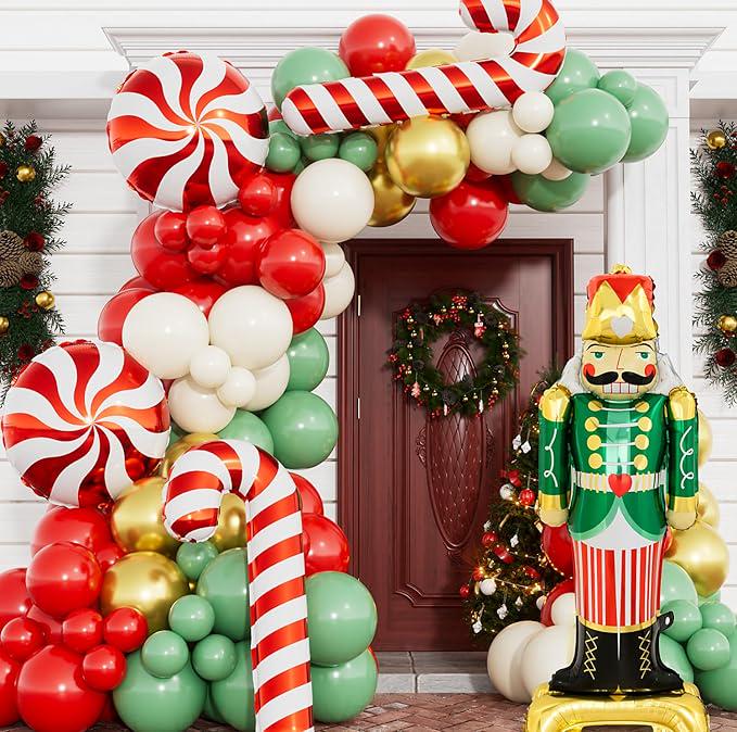 Christmas Balloon Arch Kit: Red, Sage Green, Gold Garland