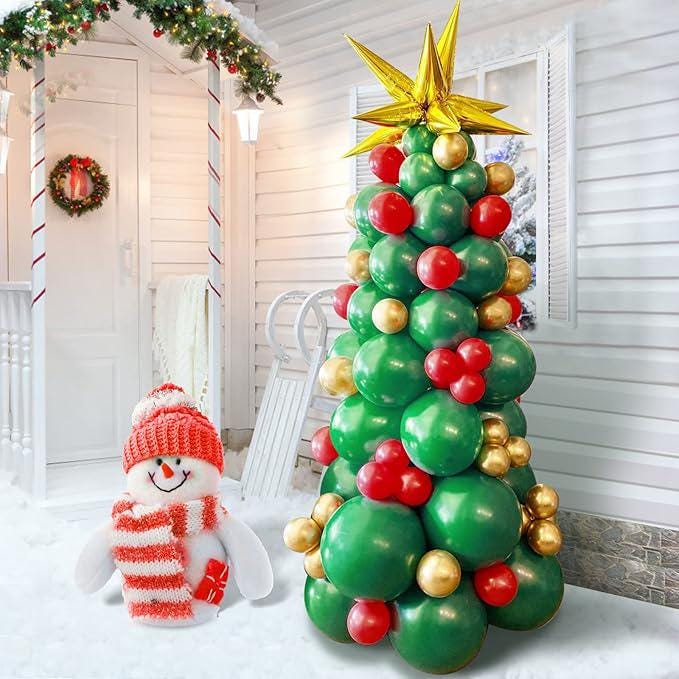 Christmas Balloon Arch Kit Green Red Gold Garland with Tree and Starburst Balloons