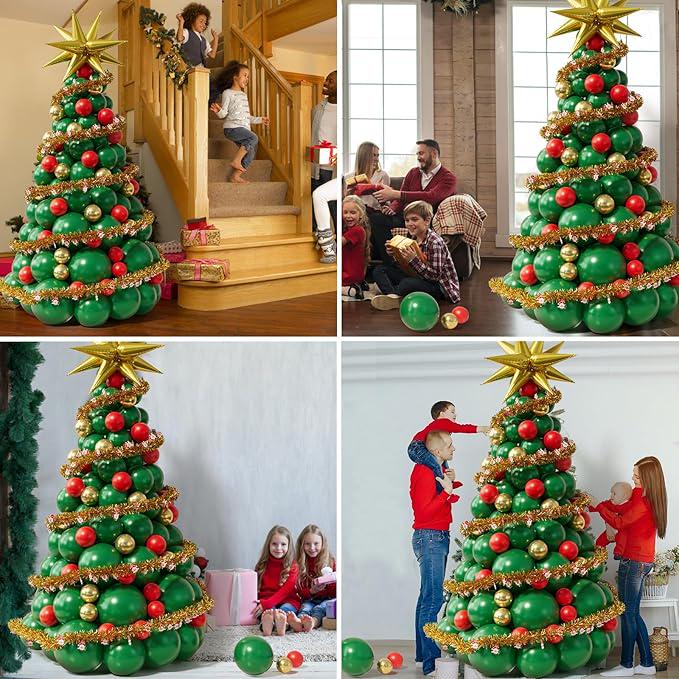 Christmas Balloon Arch Kit Red Green Gold Garland with Tree and Starburst Balloons