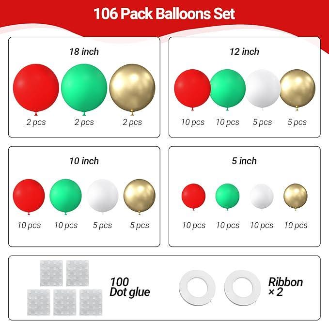 110PCS Red Green White Gold Balloon Kit Mixed Sizes for Christmas Party Decor