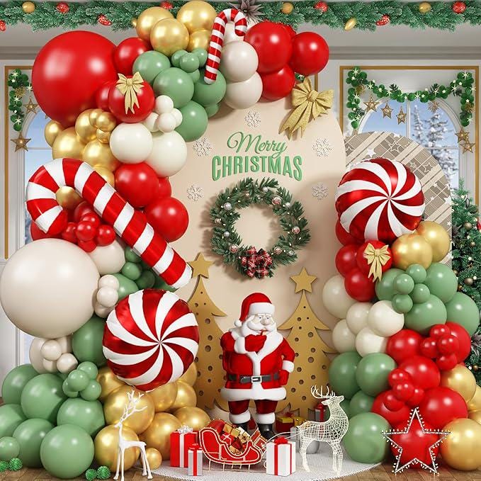 133PCS Christmas Balloon Garland Kit Retro Red Green Gold White Balloons for Holiday Decor