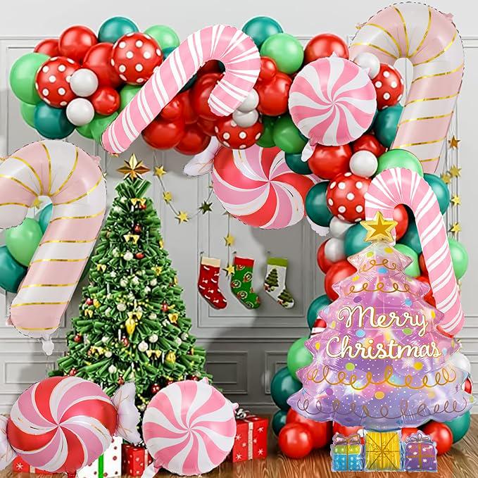 9 PCS Christmas Balloons Set Pink Candy Cane Tree Pinwheel Foil Balloons Decor