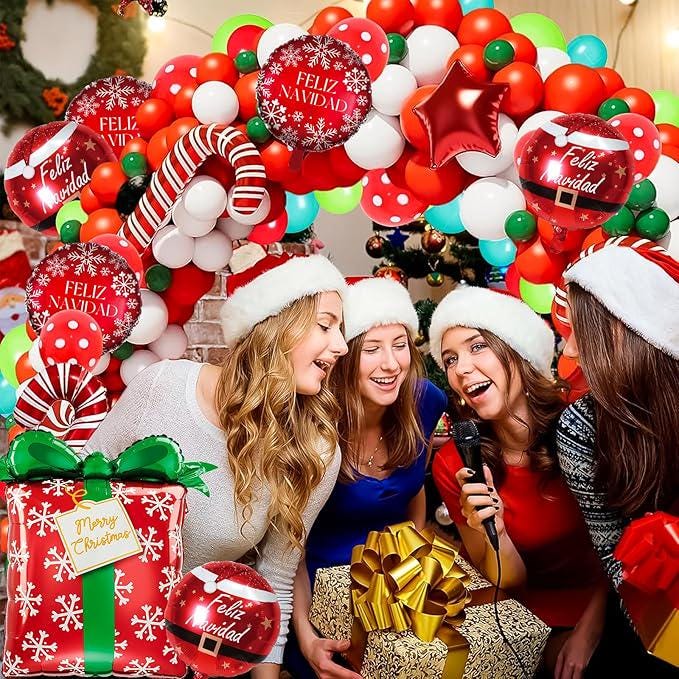 7 PCS Christmas Balloons Set Red Snowflake Box Hat Sphere Foil Party Decor