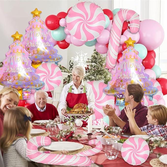 9 PCS Christmas Balloons Set Pink Tree Candy Cane Foil Balloons Party Decor
