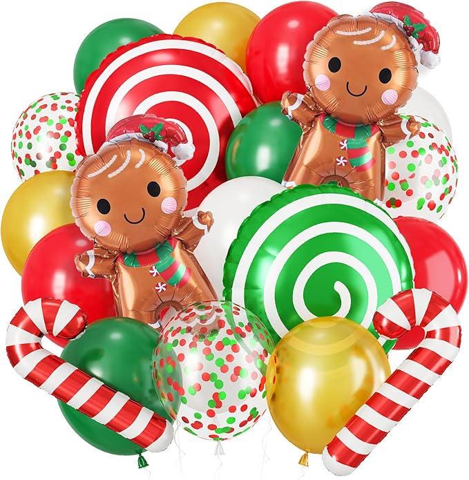 Christmas Balloons Set Red Green Gold Candy Cane Gingerbread Man Party Decor