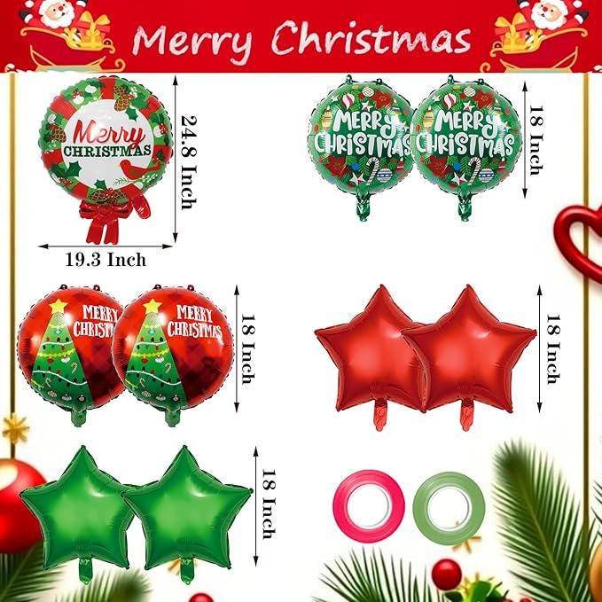 9 PCS Christmas Balloons Set Candy Round Star Foil Balloons Xmas Party Decor