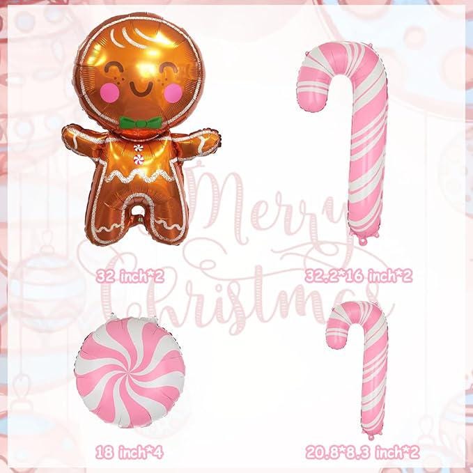 10 PCS Gingerbread Balloons Set Candy Cane Foil Balloons Pink Christmas Decor