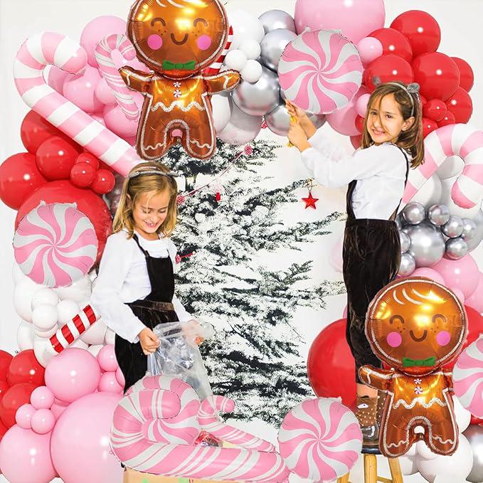 10 PCS Gingerbread Balloons Set Candy Cane Foil Balloons Pink Christmas Decor