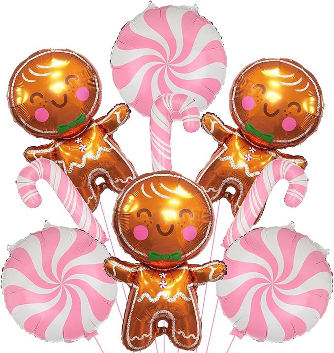 32 Inch Gingerbread Balloons Set Candy Cane Foil Balloons Pink Christmas Decor