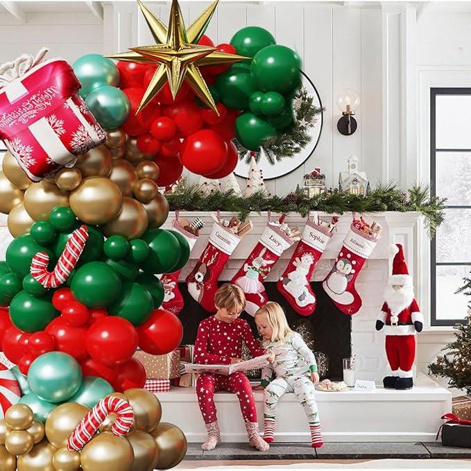 153PCS Christmas Balloon Arch Garland Kit Red Green Gold Candy Star Decor