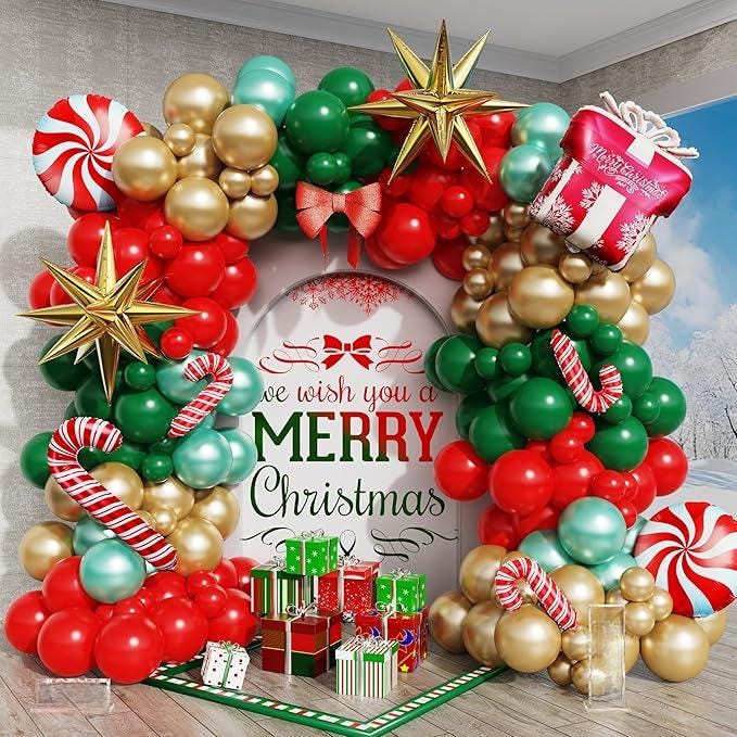 153PCS Christmas Balloon Arch Garland Kit Red Green Gold Candy Star Decor