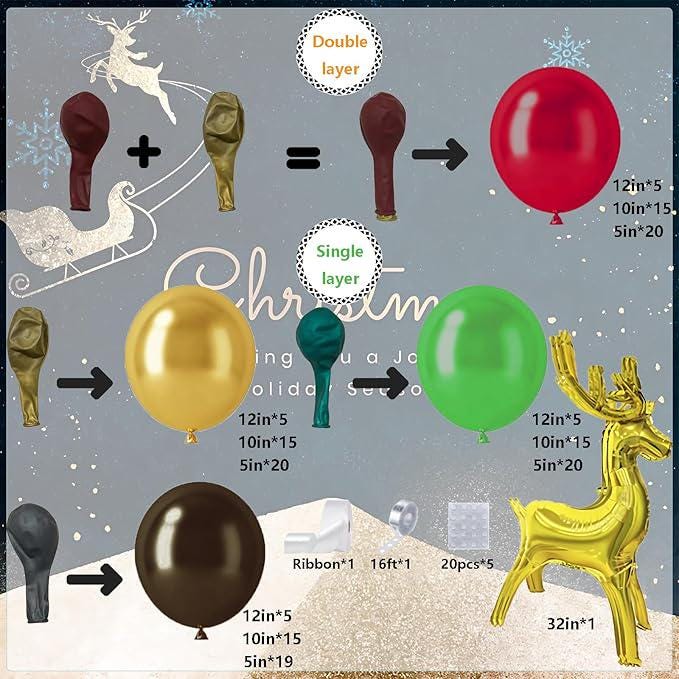 163PCS Christmas Balloon Arch Garland Kit Red Green Gold Elk Party Decor