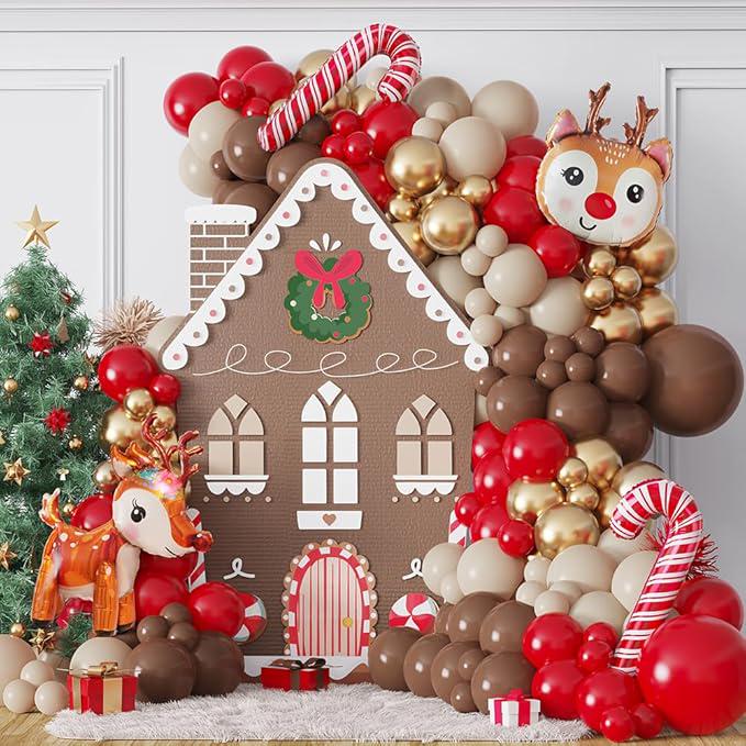 138PCS Christmas Reindeer Balloon Garland Kit Red Brown White Gold Moose Decor