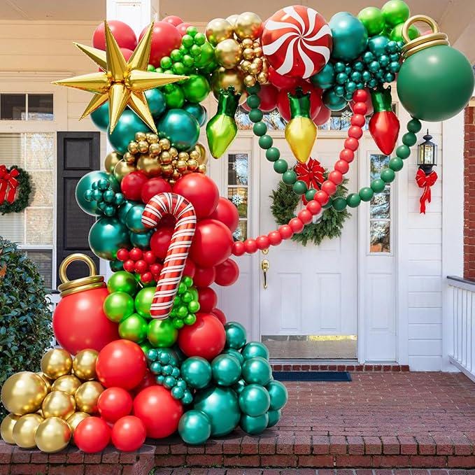 Christmas Balloon Arch Kit Red Gold Green Garland with Bulb and Candy Cane Balloons