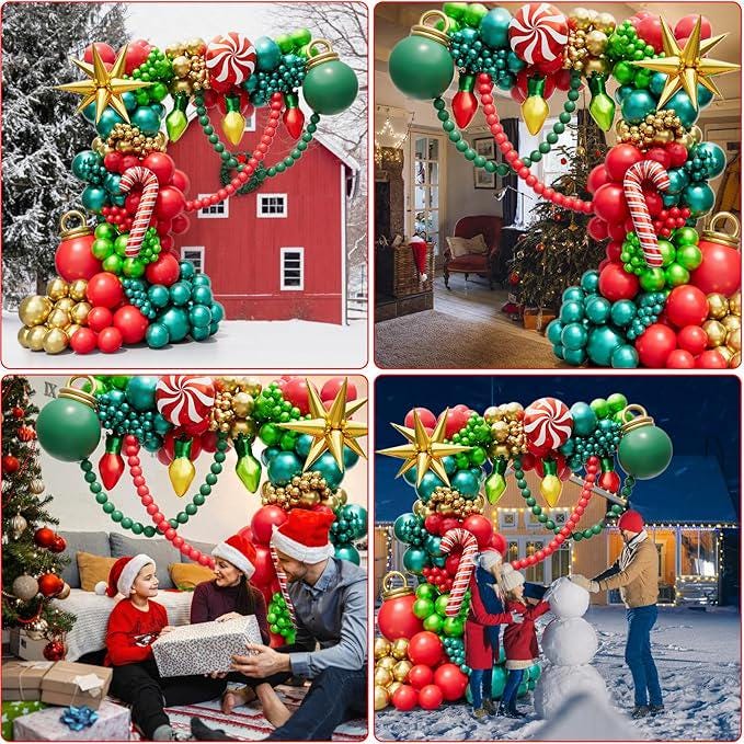 Christmas Balloon Arch Kit Red Gold Green Garland with Bulb and Candy Cane Balloons