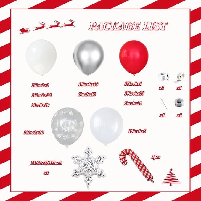 Christmas Balloon Arch Kit 144pcs Red White Silver Balloons with Snowflake and Candy Cane