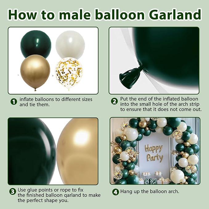 Emerald Green White Gold Balloon Arch Kit Double Stuffed Balloons for Party Decor
