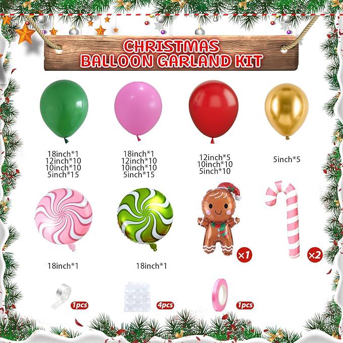 Christmas Balloon Arch Kit Red Green Pink Gold Balloons with Gingerbread and Candy