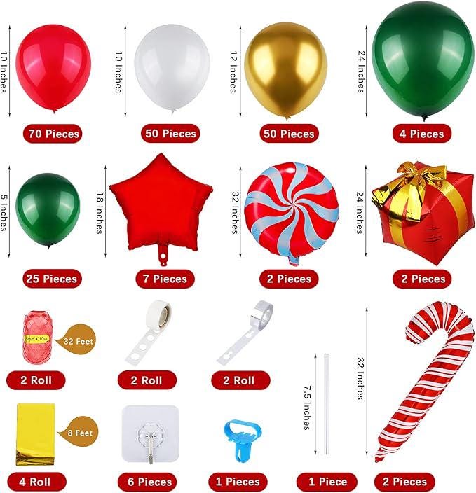 Christmas Balloon Arch Kit 233pcs with Candy, Star & Gift Box Balloons for Party