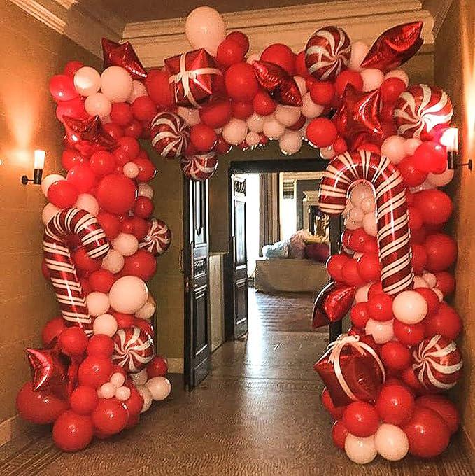 Christmas Balloon Arch Kit with Red White Balloons, Candy & Star Foil for Party