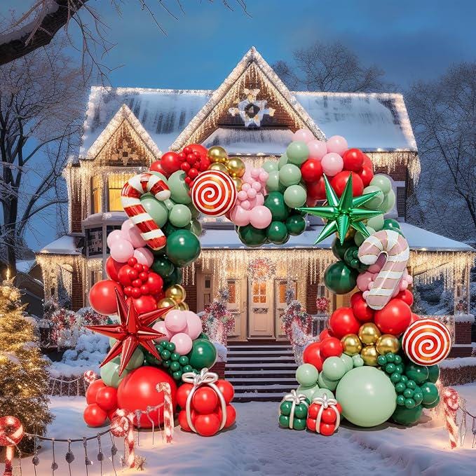 Christmas Balloon Garland Kit with Red Green Pink Gold Balloons for Party Decor