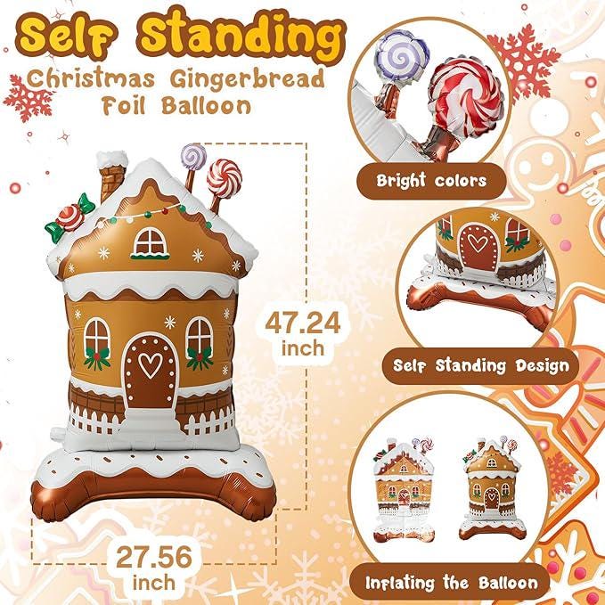 Giant 2-Pack Self-Standing Gingerbread House & Candy Man Balloons for Christmas Parties
