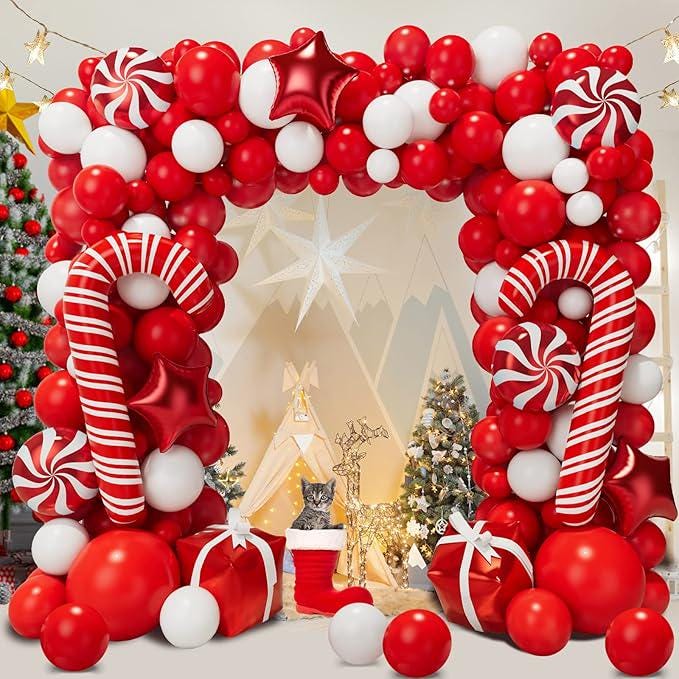 Christmas Balloon Garland Kit with Red White Candy Gift Box & Star Balloons for Party