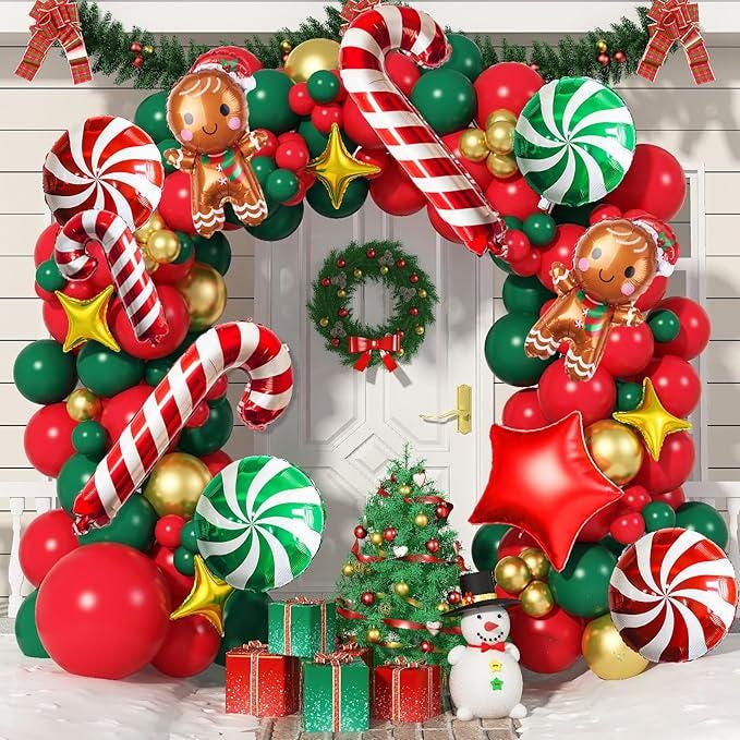 Christmas Balloon Garland Kit with Red Green Gold Balloons, Gingerbread & Candy Foils for Party