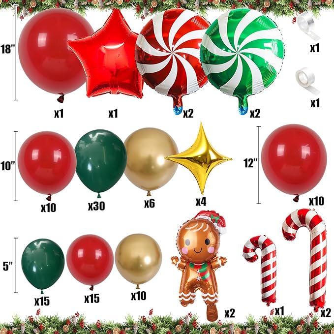 Christmas Balloon Garland Kit with Red Green Gold Balloons, Gingerbread & Candy Foils for Party