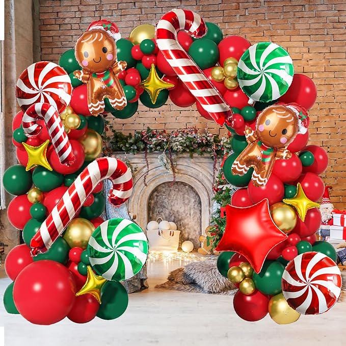 Christmas Balloon Garland Kit with Red Green Gold Balloons, Gingerbread & Candy Foils for Party