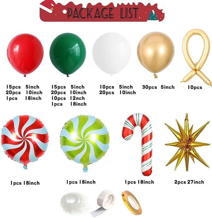 Red Green Gold Christmas Balloon Garland Kit 135pcs with Candy Cane & Star Balloons