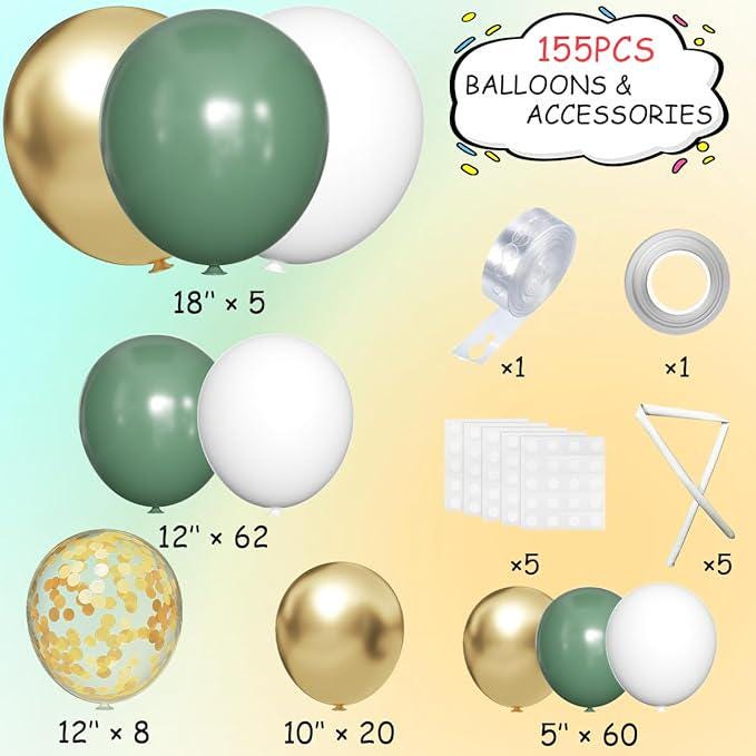 155-Piece Sage Green, White & Gold Balloon Garland Kit with Confetti for Parties