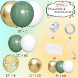 155-Piece Sage Green, White & Gold Balloon Garland Kit with Confetti for Parties