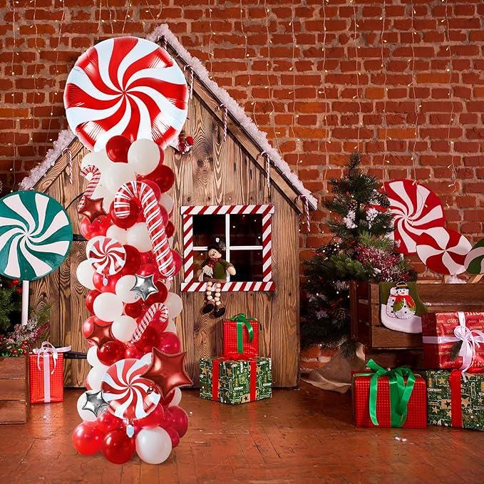 2-Set Adjustable Christmas Balloon Column Kits with Red, White & Silver Balloons for Party Decor