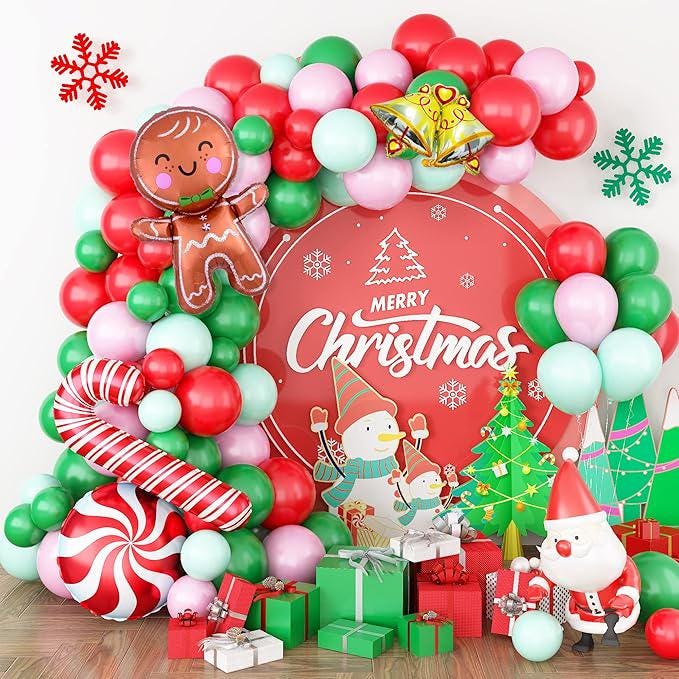 Christmas Balloon Garland Kit with Green, Red & White Balloons and Festive Foils for Party